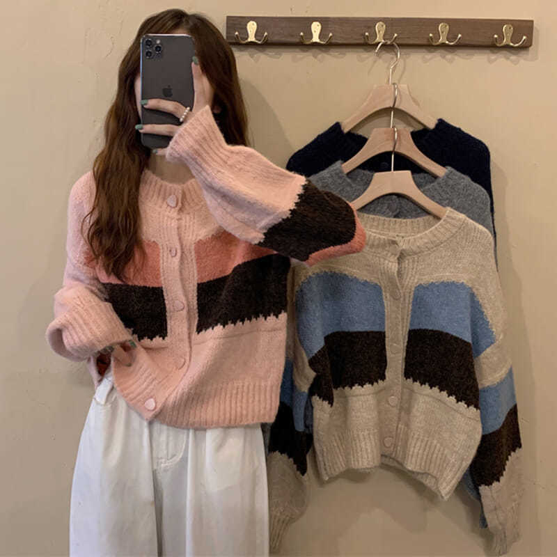 Korean Style Gentle Color Matching Cardigan Sweaters Women‘s Clothing Autumn and Winter round Neck Commuter‘s All-Matching Knitwear Coat First-Hand Supply