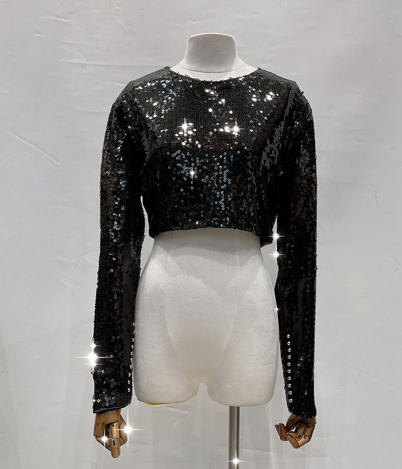 时尚欧洲站百搭短款亮片上衣珠片爵士舞表演服后背拉链长袖潮