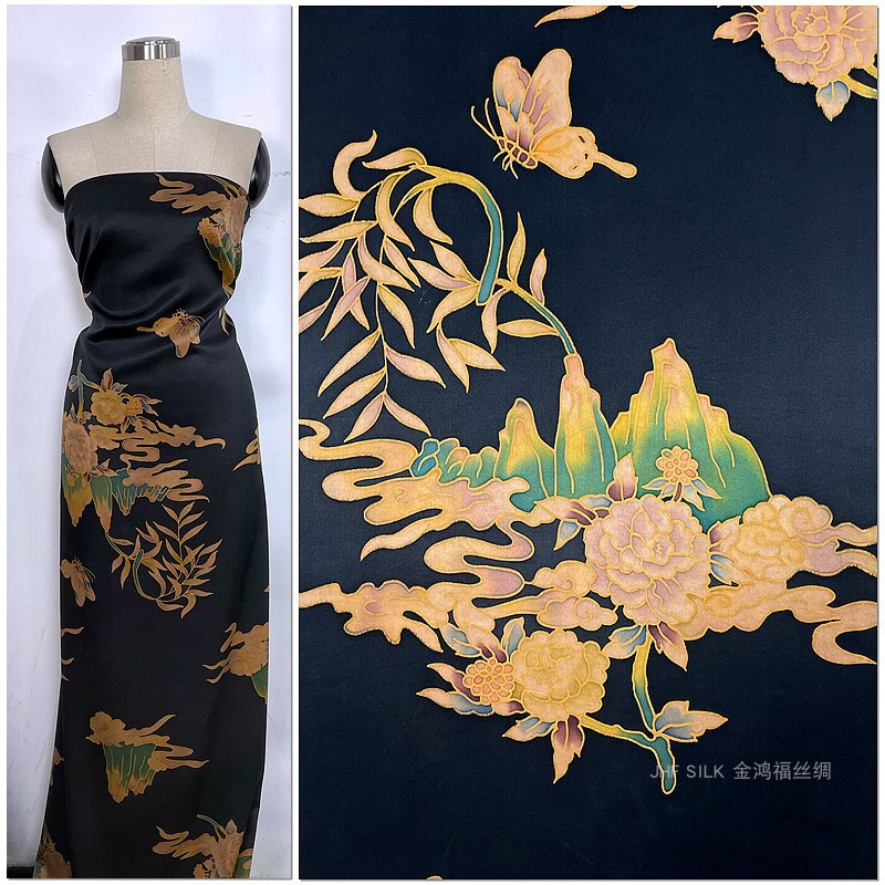 35姆米重磅真丝面料旗袍唐装布料重缎手绘香云纱黑底牡丹山云蝶舞