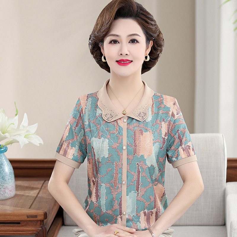 妈妈夏装短袖t恤中老年人洋气衬衫女中年减龄冰丝小衫上衣母亲节