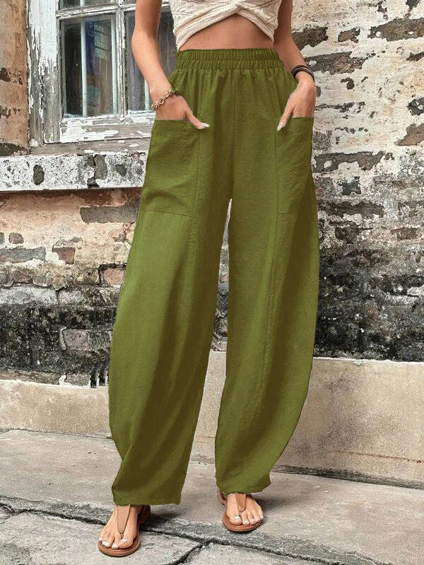 Wish Independent Station Amazon Cross-Border Hot Women's Pants Solid Color Pocket Women's Casual Trousers Trousers with an Elasticated Waist Trousers