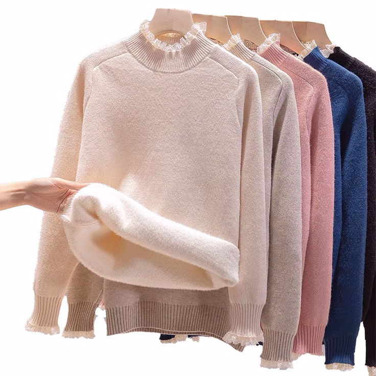 一体绒加绒加厚毛衣女2021年新款秋冬蕾丝半高领打底衫女内搭