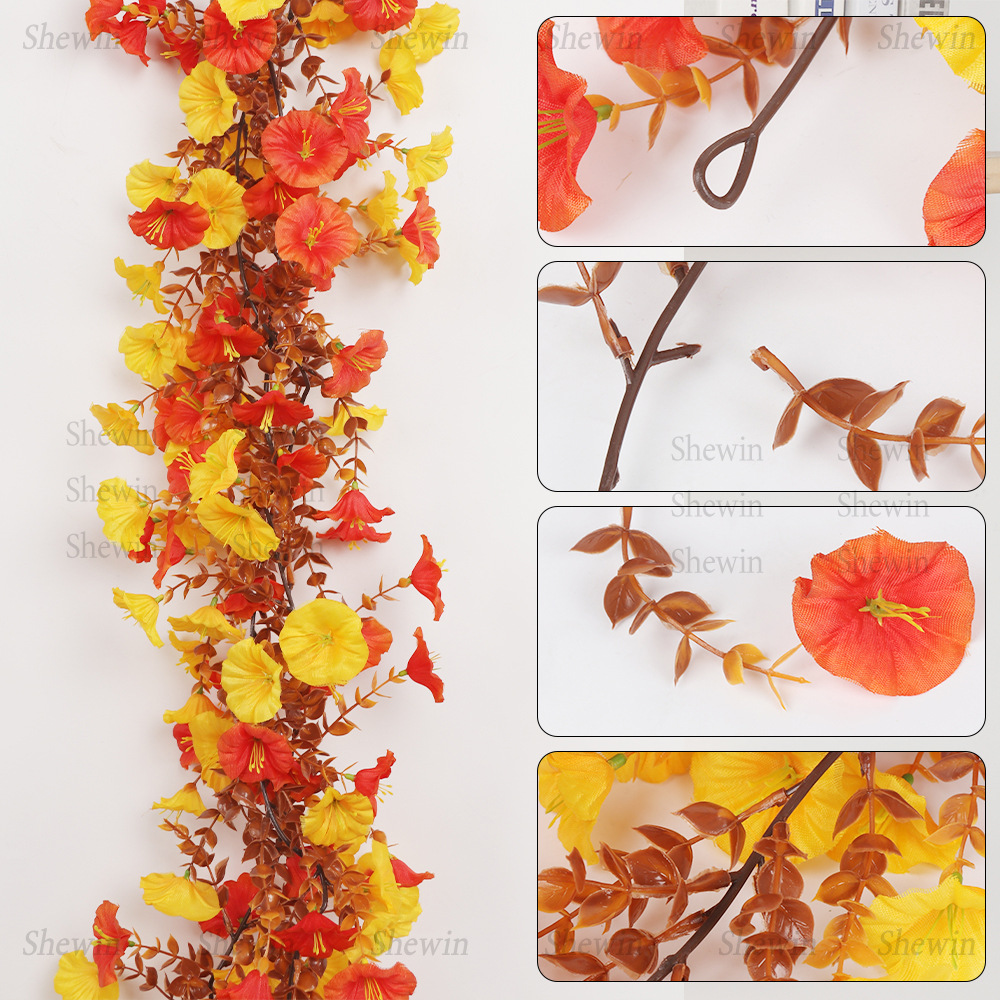 现货秋色牵牛花仿真藤条 跨境假花藤蔓万圣节圣诞节仿真花装饰品