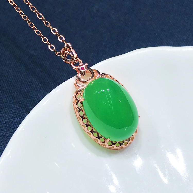 批发通体s925银镶嵌高冰绿玉髓吊坠大蛋面玛瑙女款挂件直播供货