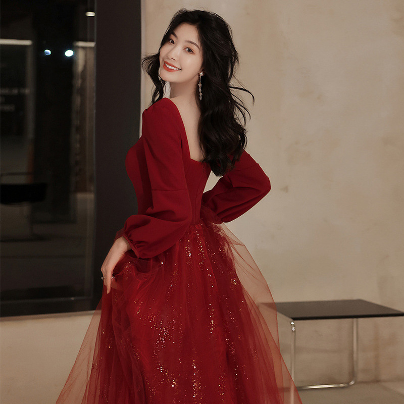 敬酒服新娘2024新款红色夏季订婚长袖气质纱裙结婚晚礼服裙女回门