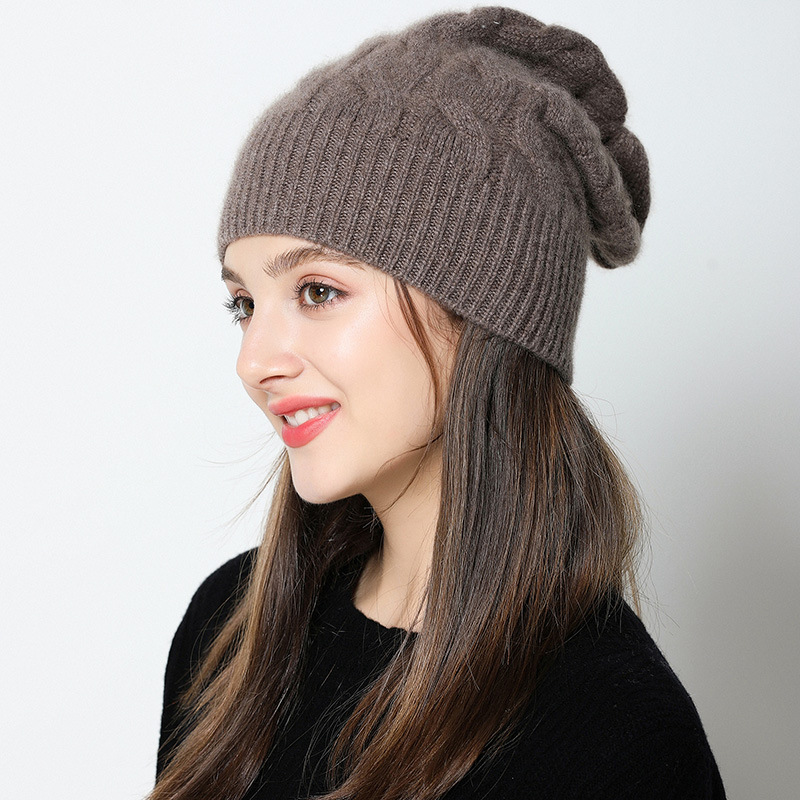秋冬新款山羊绒帽子提花麻花针织帽单色圆顶潮保暖加厚成人帽子女