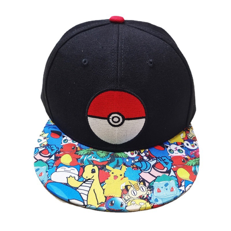 Cross-Border Pikachu Pokémon Pet Elf Xiaozhi Anime Hip Hop Flat-Brimmed Cap Baseball Caps for Men and Women Peaked Cap