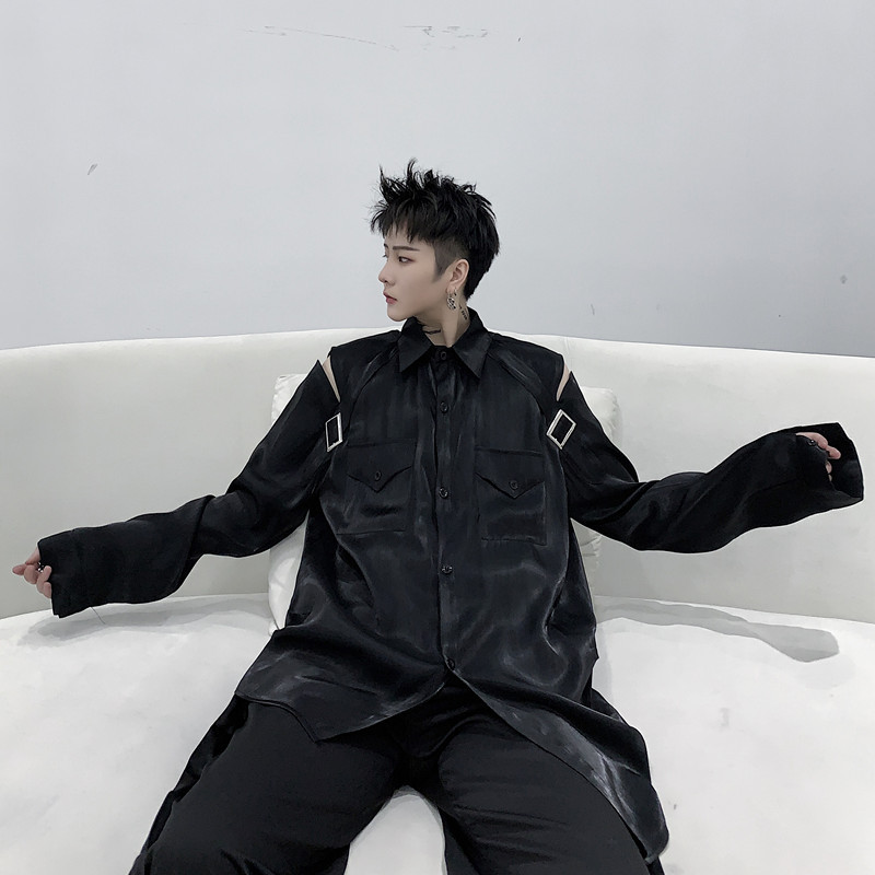 山本暗黑风自制款露肩衬衫男珠光亮色黑白上衣a452--003--575