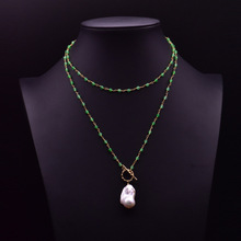 巴洛克珍珠项链设计款绿玛瑙水晶吊坠女长款脖颈锁骨项链手工饰品