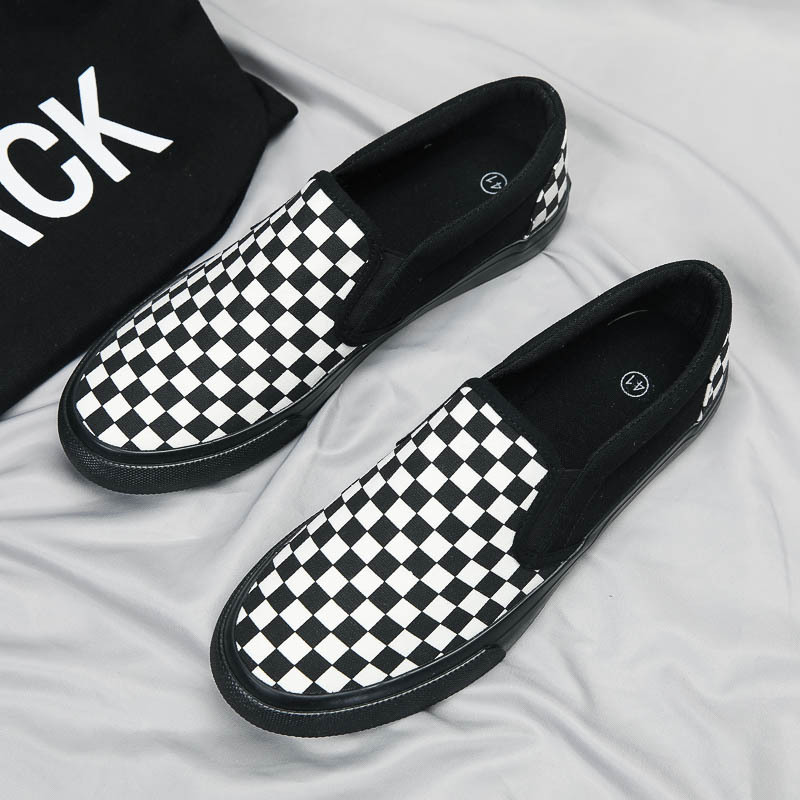 黑白格子鞋一脚蹬夏季透气男鞋低帮棋盘格懒人韩版百搭帆布鞋春季
