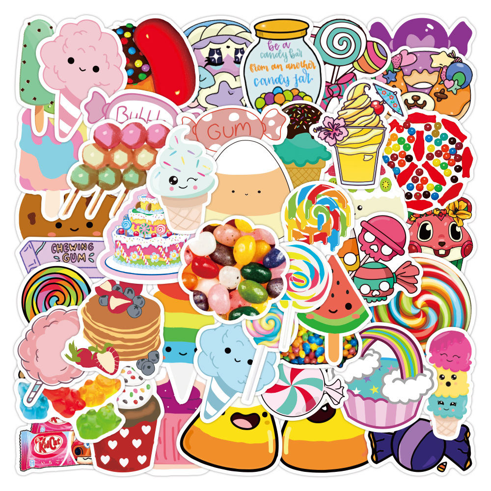 50张七彩糖果贴纸卡通甜品食物涂鸦行李箱水杯滑板车防水装饰贴画
