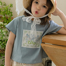 韩版田园甜美女童T恤复古纯色贴布短袖套头儿童T恤夏季唯美女童装
