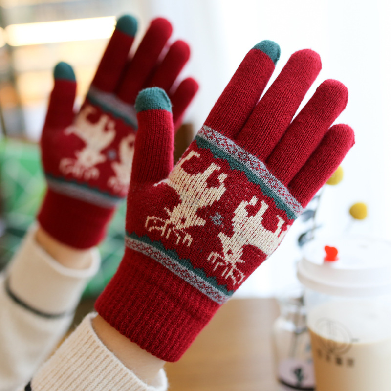 圣诞节礼物五指分指手套女韩版冬季可爱保暖加厚针织毛线手套麋鹿