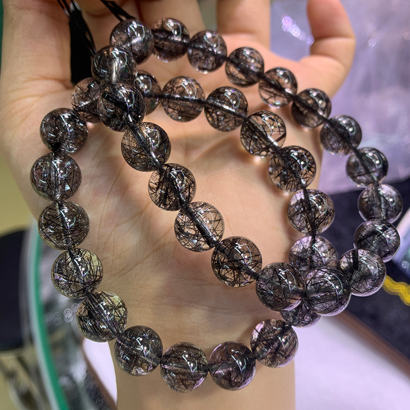 货头黑发晶手链 民族风黑色电气石水晶手链ins虾皮跨境黑发晶手串