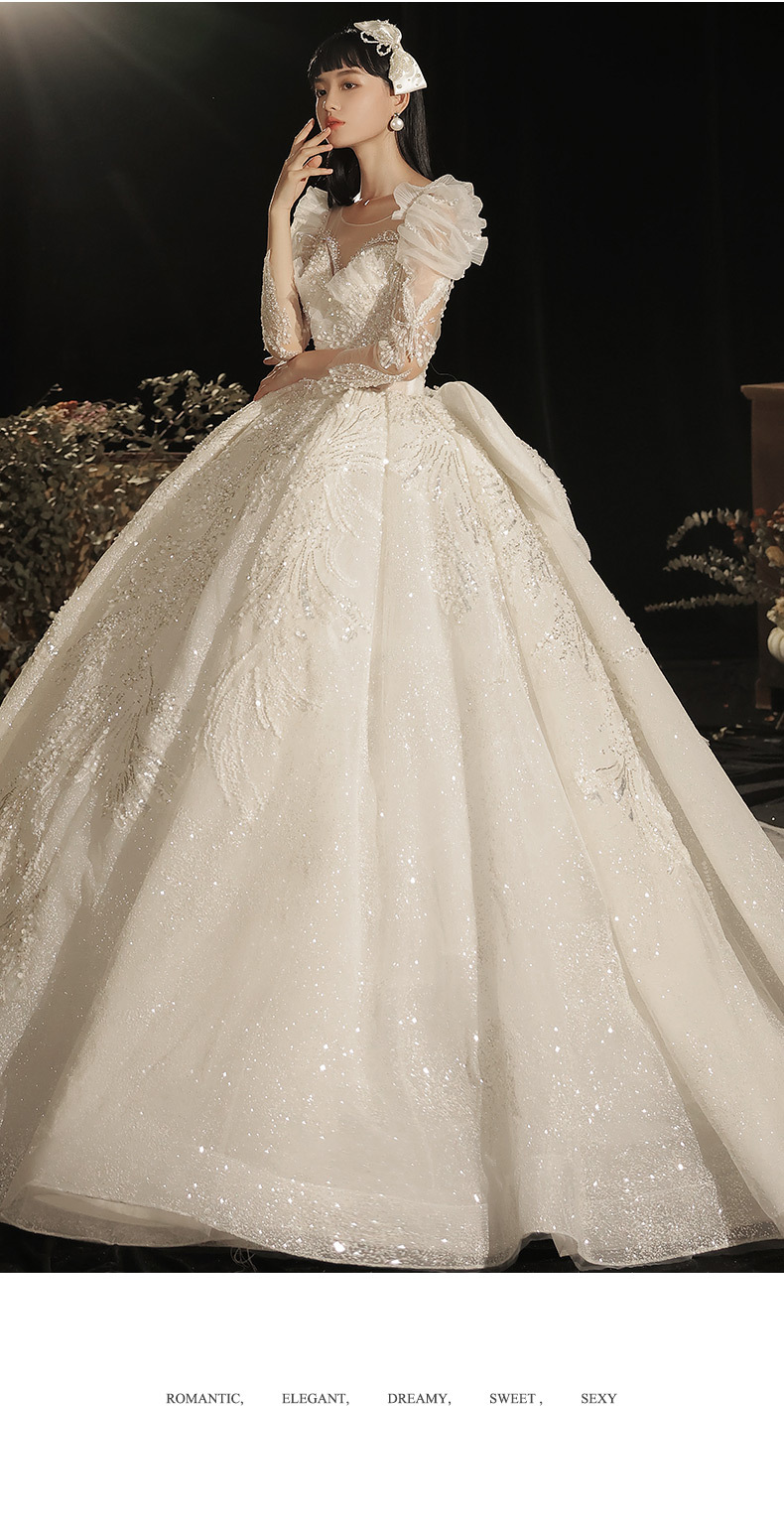 语梦| 主婚纱2021秋新款简约气质复古奢华长袖拖尾新娘出门纱