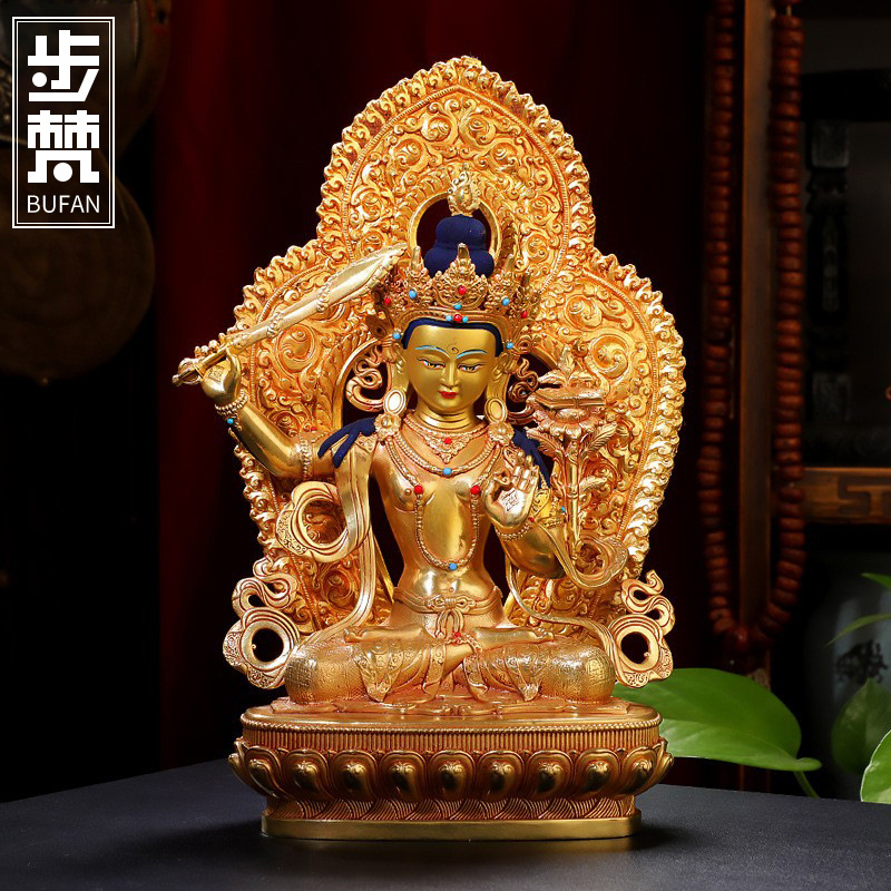 文殊菩萨佛像摆件纯铜仿尼泊尔全鎏金藏传密宗佛台藏传文殊普贤像