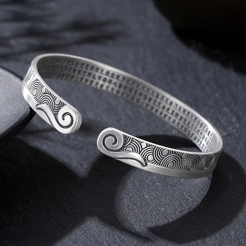 祥云心经银手镯女足银999开口情侣款复古银镯子民族风手环男礼物