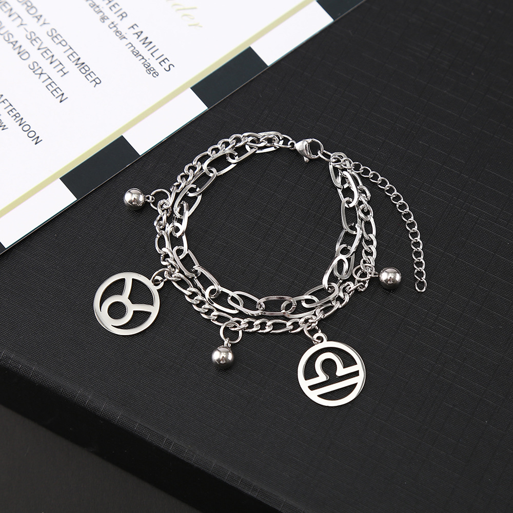 Korean Style Twelve Constellation Titanium Steel Bracelet Male and Female Personality Double Chain Bracelet Korean Style Fashion Bracelet Wholesale Delivery