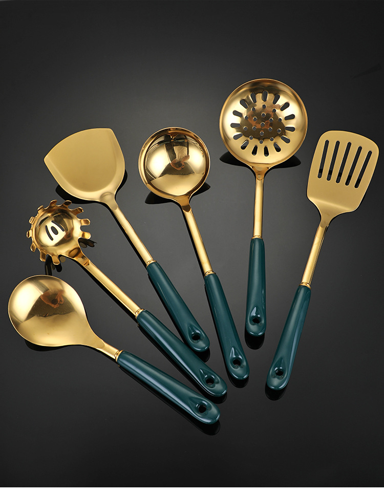 轻奢镀金厨具7件套 陶瓷手柄不锈钢厨具套装锅铲漏勺汤勺厨房用品