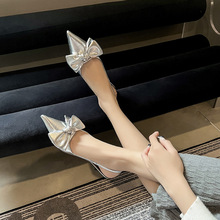 法式银色高跟鞋凉鞋仙女鞋子新款蝴蝶结夏季配裙子气质尖头单鞋