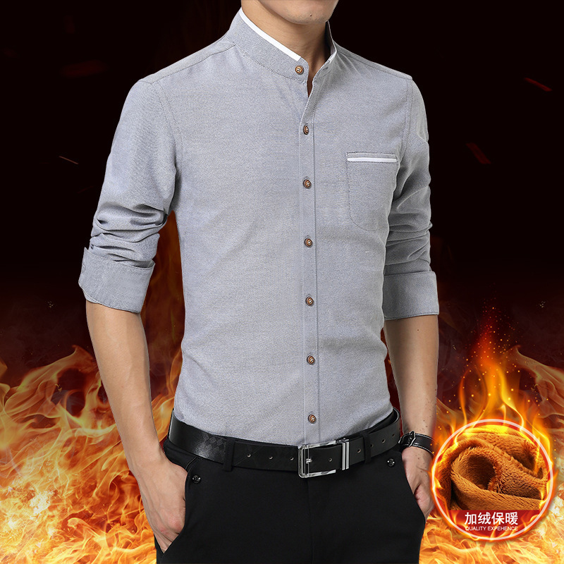 新款韩版休闲立领保暖加绒衬衫青年修身型格子衬衣男士长袖衬衫男