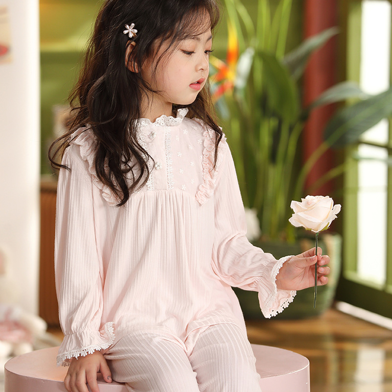 儿童睡衣女童春秋全棉长袖可爱小女孩中大童蕾丝睡裙小女孩家居服