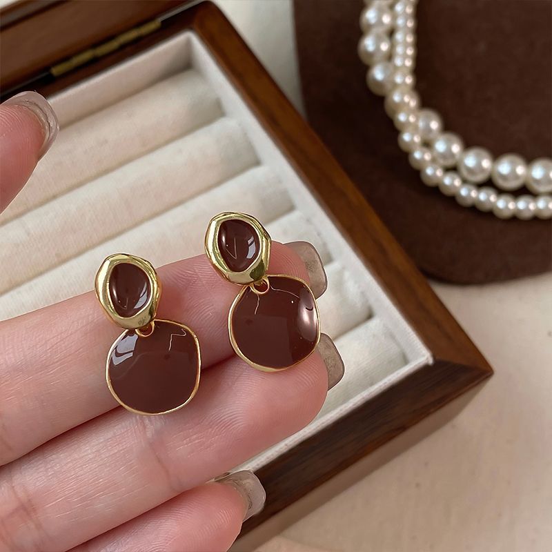 925 Silver Needle Maillard Coffee Color Tiger Eye Stone Earrings Female Niche High Sense Earrings Ins Light Luxury Autumn and Winter Ear Jewelry