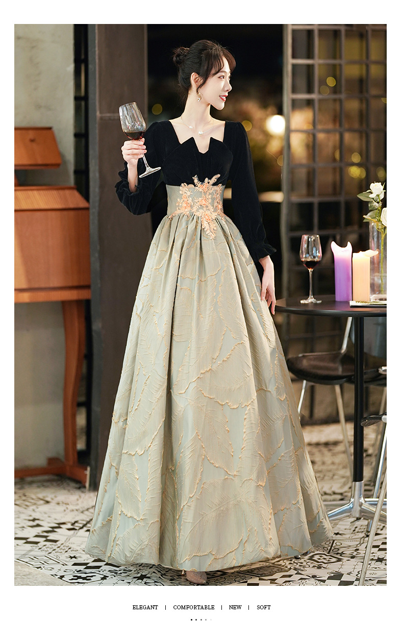 法式晚礼服女2021新款复古气质赫本风敬酒服宴会主持人年会秋冬季