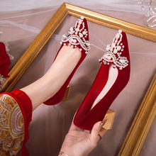 春秋新款尖头绒面水钻珍珠时装女单鞋网红时尚婚庆新娘大红高跟鞋