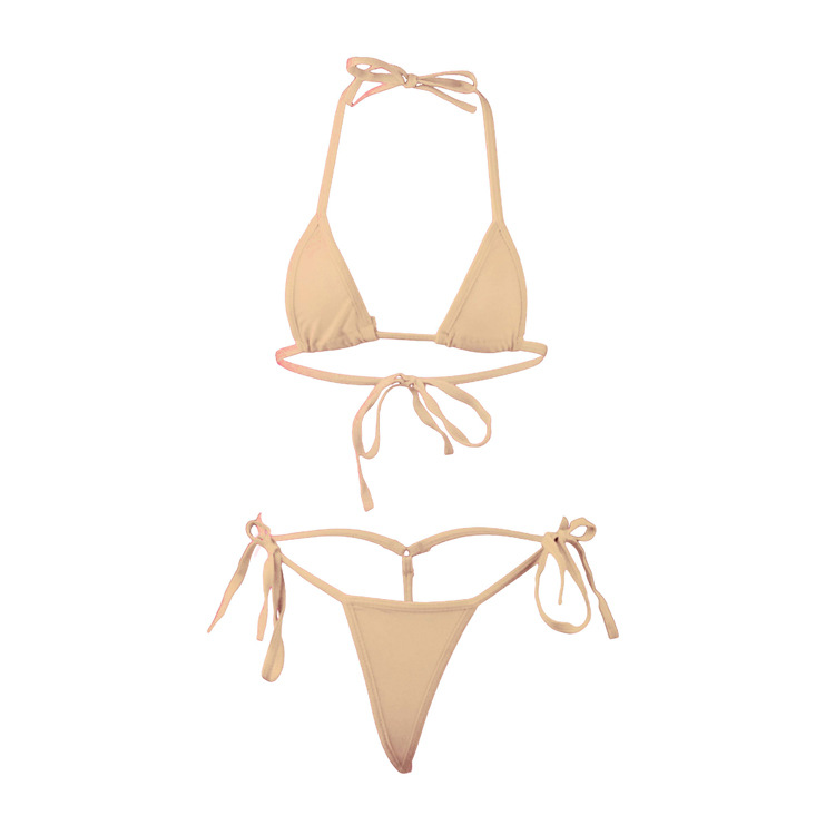 女士情趣内衣冰丝半透明三点比基尼套装丁字裤绑绳胸衣w013-n07