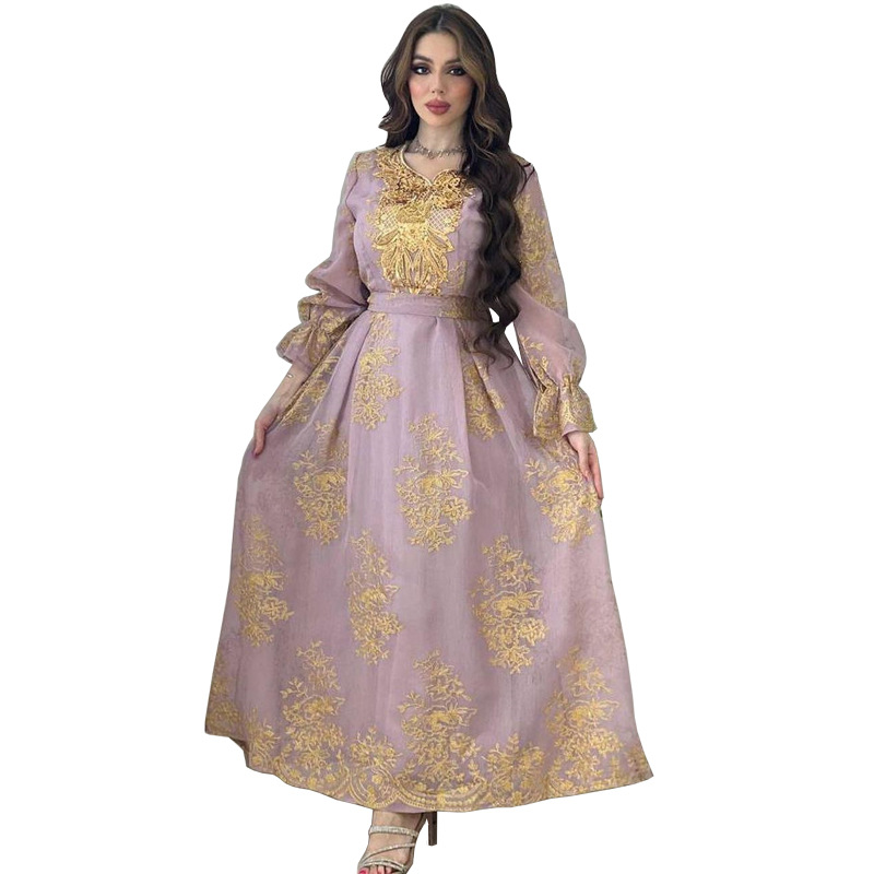 Ab312 2023 Arab Dubai Embroidery Applique Dress Muslim Party Dinner Robe