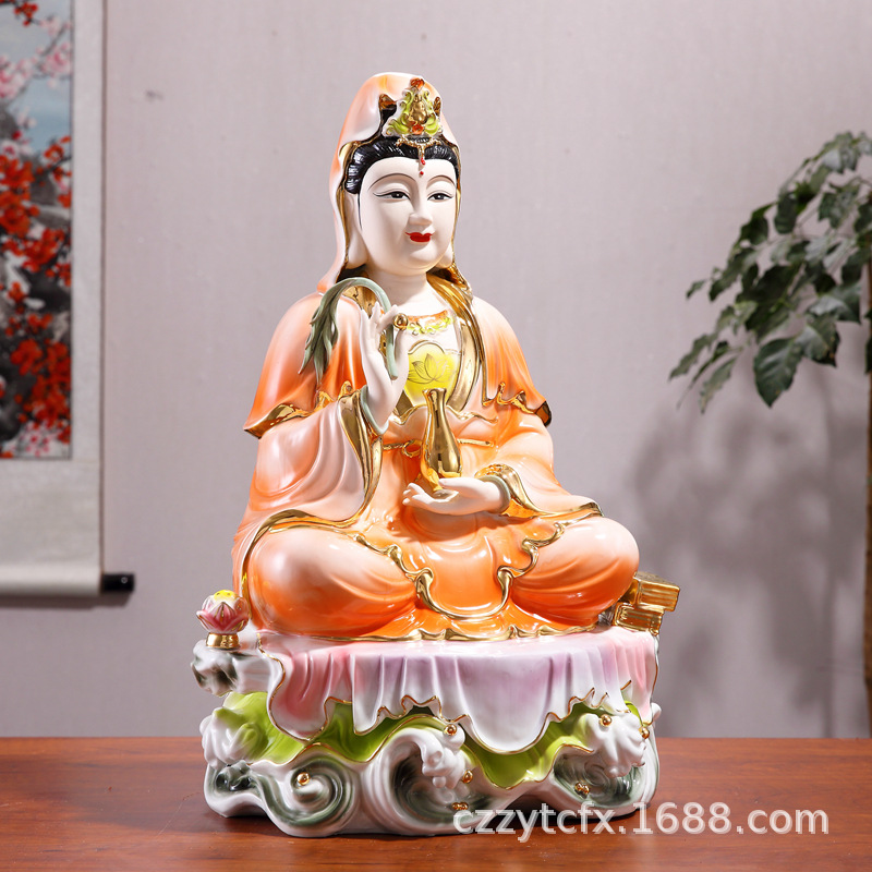 潮州珍艺陶瓷佛像南海观世音菩萨吉红石座水浪观音菩萨佛像瓷摆件