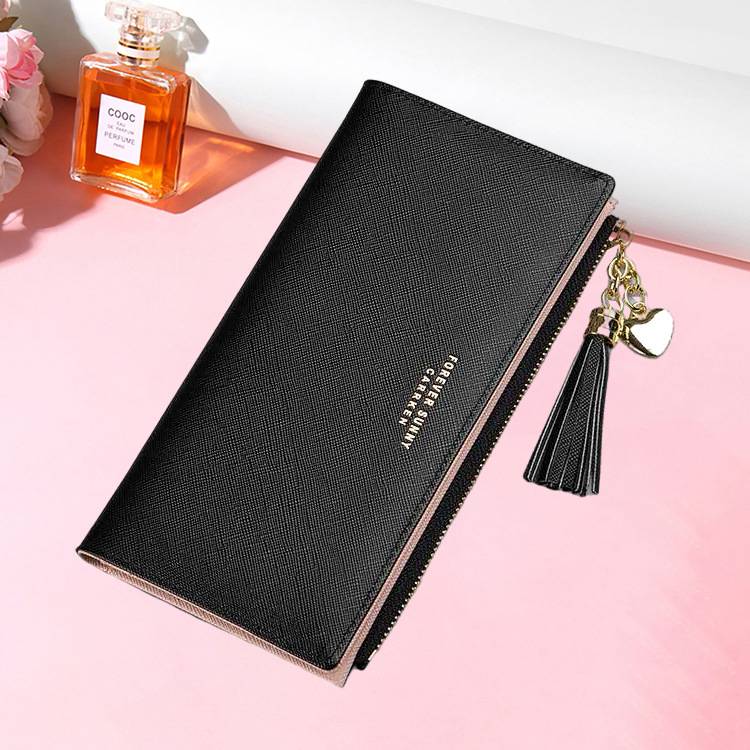 carrken外贸长款钱包女 流苏十字纹多卡位时尚拉链零钱包现货批发