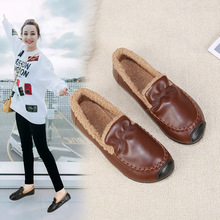 冬季新款韩版平底一脚蹬豆豆鞋女成熟时尚加绒保暖大码外贸女棉鞋