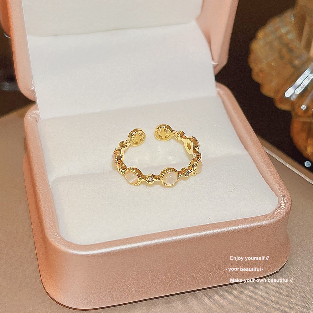 Xiaohongshu Popular Copper Inlaid Zircon Ring Female Niche High-Grade Light Luxury Design Open Adjustable Couple Couple Rings