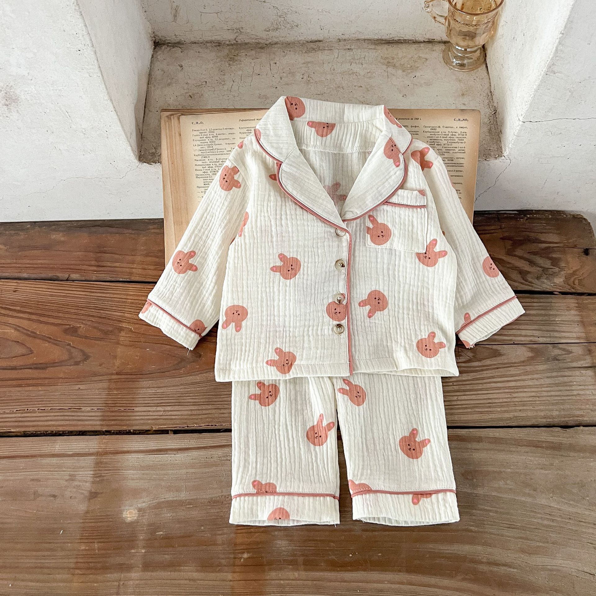 Korean Style Baby Cartoon Printed Lapel Air Conditioning Suit Men and Women Baby Cotton Linen Pajamas Home Wear Two-Piece Suit Baby Clothes