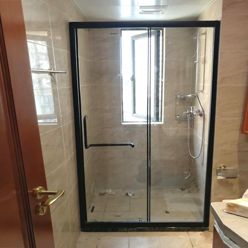 淋浴房玻璃门干湿浴室一字淋浴窄边隔断哑黑移门网红卫浴简欧现代