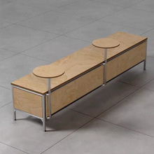 现代咖啡馆桦木海洋板长条凳两用带圆形边几方形小桌铝材边框餐椅