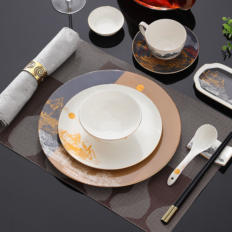 星级酒店饭店陶瓷新中式摆台骨瓷餐具套装水墨风餐厅会所骨碟碗