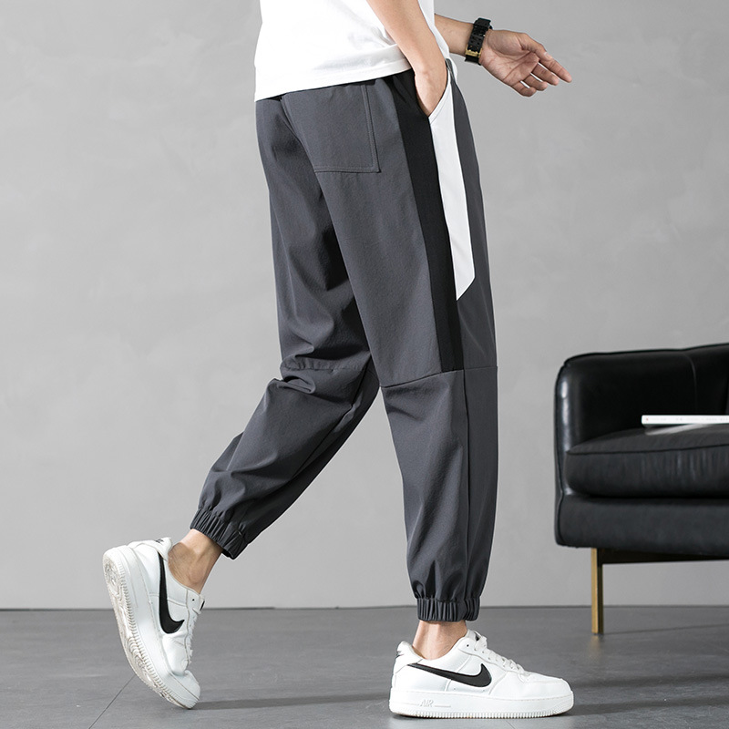 Summer Ice Silk Pants Men's Casual Pants Thin Loose Straight Ankle-Tied Cropped Tooling Sports Pants Men's Breathable