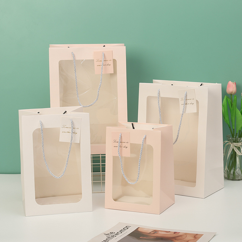 Wholesale Transparent Window Bag Flower Handbag Gift Bag Packing Bag Bouquet Teacher's Day Gift Ornament Handbag
