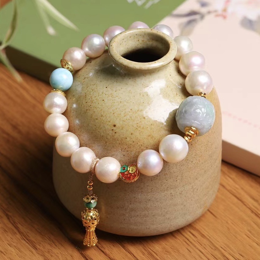 Natural Edison Pearl Bracelet Female S925 Sterling Silver Wind Chimes Pendant Jade Pattern Beads Bracelet One-Piece Delivery