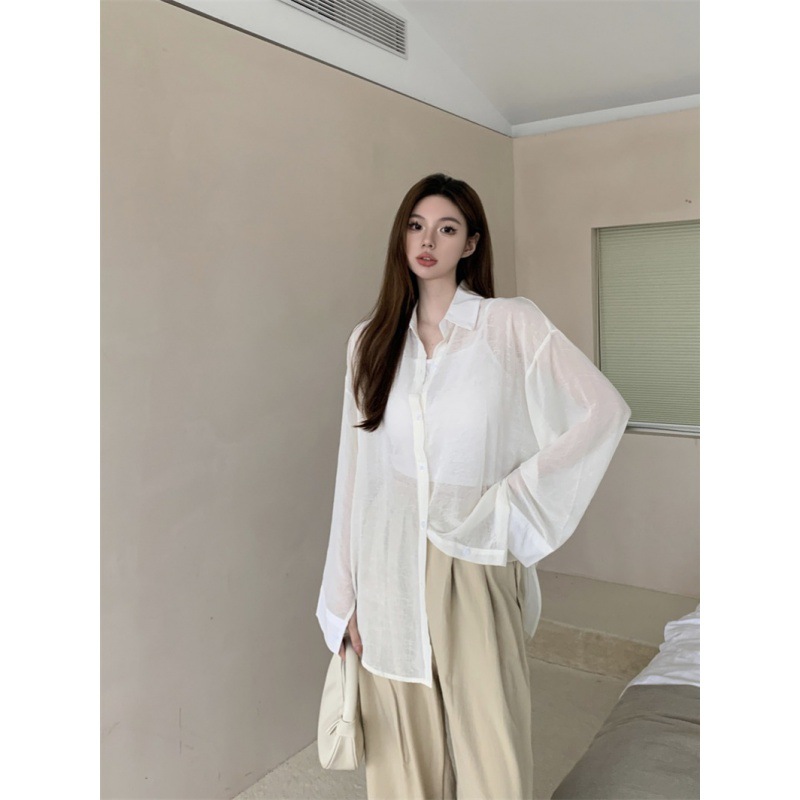 防晒慵懒宽松衬衫夏季长袖后背扭扣防晒衬衣女-阿里巴巴