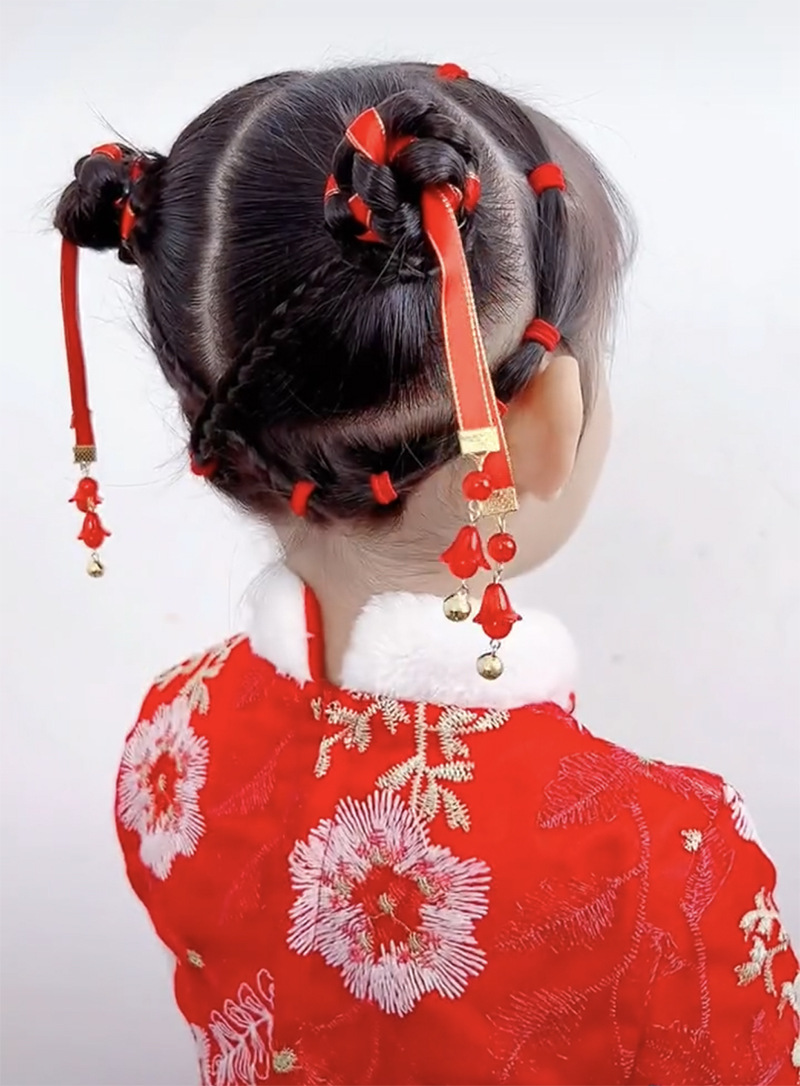 儿童新年古风铃铛发带盘发编发丸子头发绳汉服红色配饰中国风