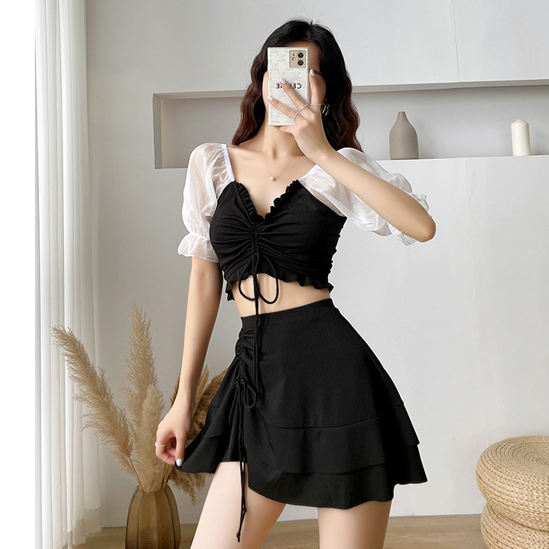 Split Skirt Style Boxer Swimsuit Female Conservatively Thin Student Small Chest Gathered Korean Style Fresh Hot Spring Swimming Suit