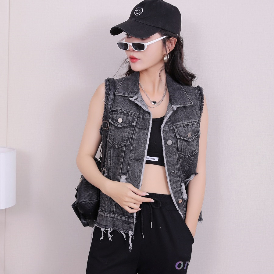 春秋季黑色牛仔马甲女欧美背心宽松破洞流苏新款马夹街头潮ni