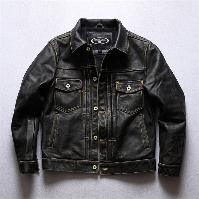 harley angel阿美咔叽真皮夹克男机车休闲507头层石磨牛皮皮衣