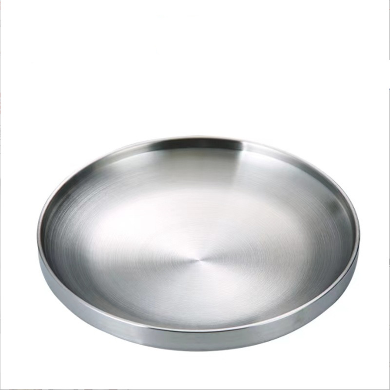 304 Stainless Steel round Plate Double-Layer Anti-Scald Dish Golden Plate Fruit Plate Flat Plate Korean Barbecue Plate Tableware