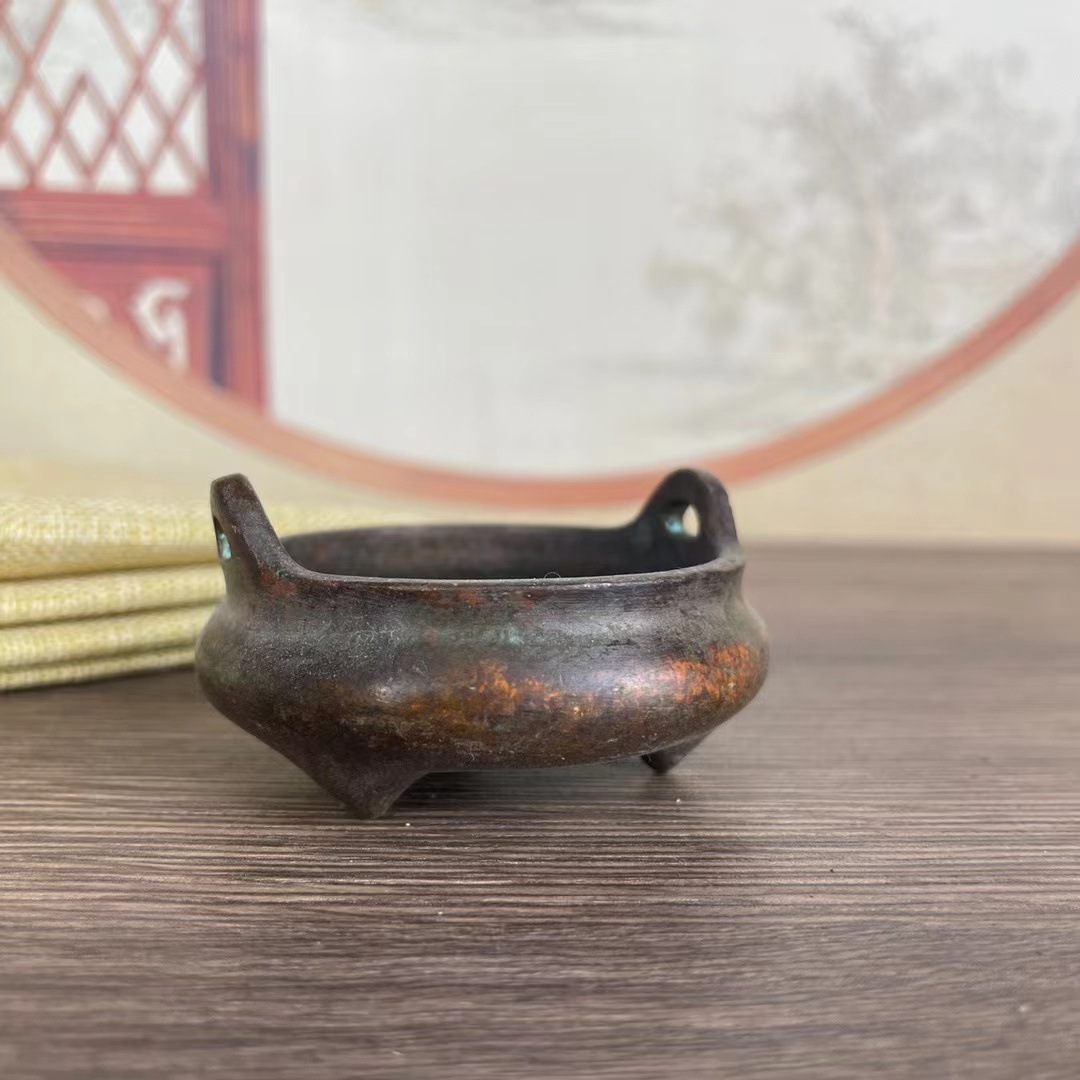 铜三足香炉古玩古董铜器仿古宣德炉铜炉传世老皮包浆老铜铸熏炉