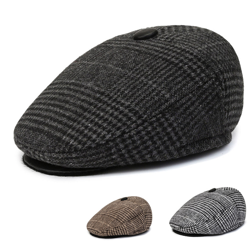 Autumn and Winter Woolen New Advance Hats Men's British Vintage Fleece-Lined Patch Peaked Cap Beret Middle-Aged and Elderly